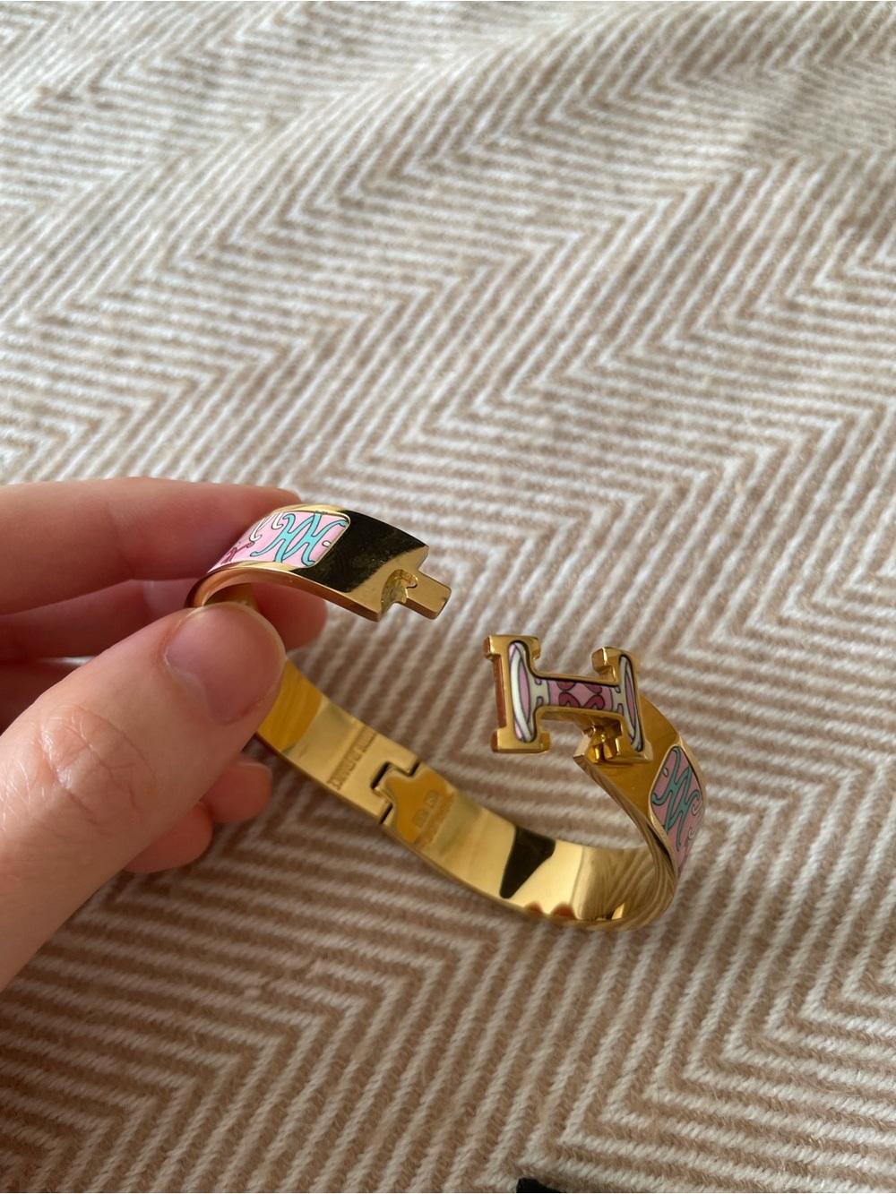 H inspired Gold & Pink Enamel H H Cuff Bracelet - Picture 6 of 7